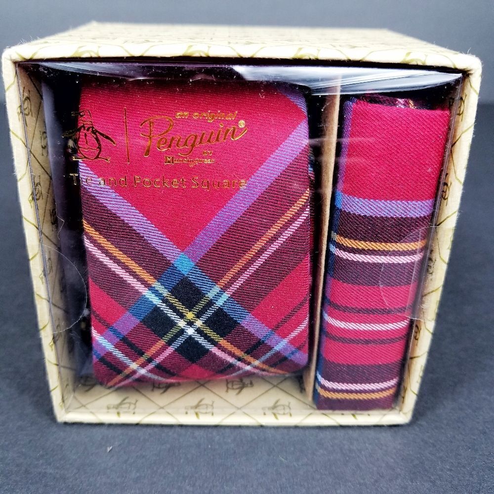 The Original Penguin Tartan Print Tie and Pocket Square Set - Picture 3 of 4